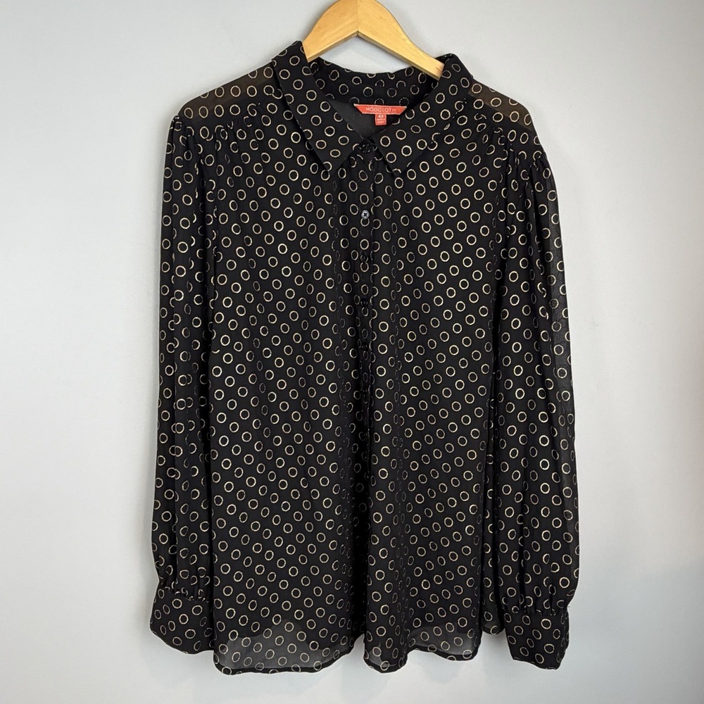 ModCloth 4X Black Gold Metallic Circle Print Sheer Button Front Blouse Plus Size